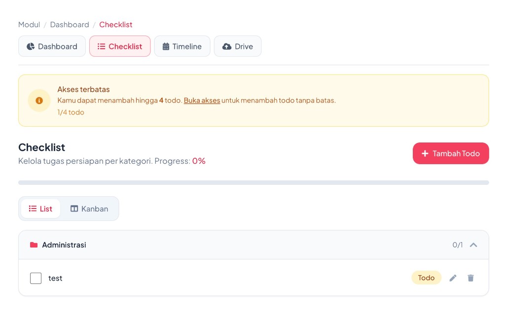 Checklist tugas persiapan per kategori